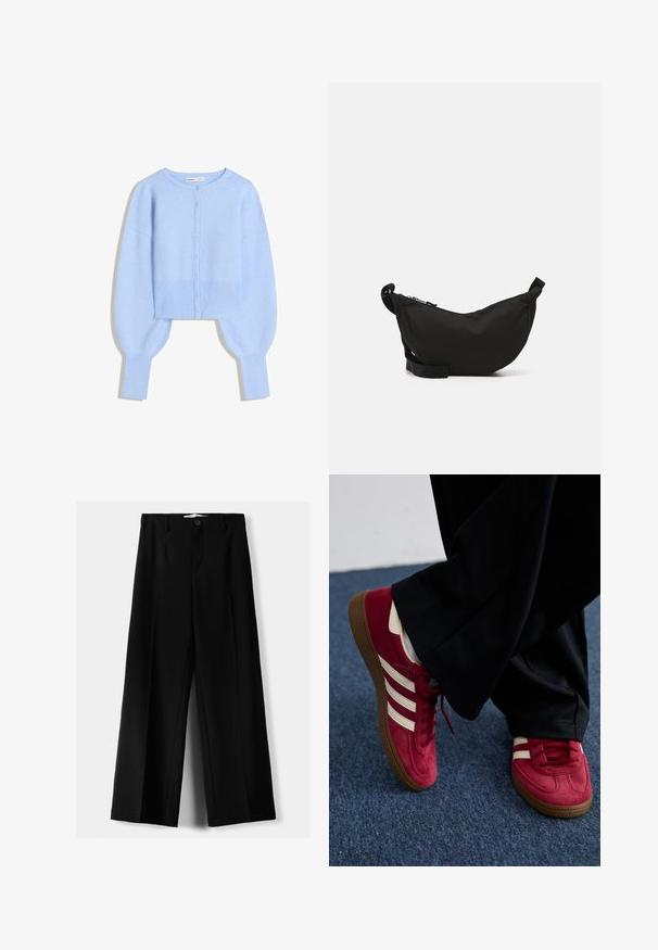 Jasnoniebieski krótki kardigan z miękkiego dzianiny, z okrągłym dekoltem, zapięciem na guziki oraz balonowymi rękawami z prążkowanymi mankietami.; Jasnoniebieski, bezrękawnik wykonany z miękkiej bawełny. Posiada okrągły dekolt i gładkie krawędzie, bez widocznych wzorów ani akcentów.; Czarne spodnie szerokie, wykonane z lekkiego materiału, z zapięciem na guzik z przodu i gładkim przodem, z starannie wykończonymi brzegami.; Czerwone zamszowe tenisky z białymi paskami, z zapięciem na sznurówki i teksturowaną brązową gumową podeszwą. Noszone z czarnymi spodniami, na tle niebieskiego dywanu.; Czarna torebka crossbody z wyprofilowanym kształtem, zamkiem błyskawicznym, regulowanym paskiem oraz małą boczną kieszonką na dodatkowe akcesoria.