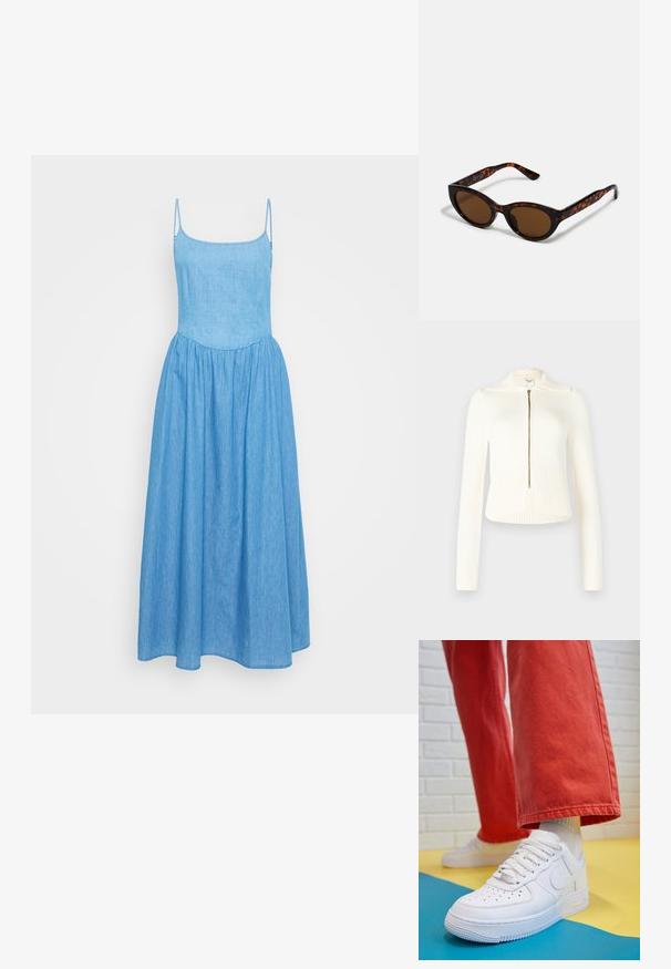 Abercrombie & Fitch Gilet - jet stream; Robe en chambray bleu clair avec des bretelles fines et ajustables, un corsage ajusté et une jupe fluide avec une taille froncée pour plus de volume.; Baskets blanches en cuir avec une boîte à orteils perforée, semelle texturée et lacets blancs, associées à un large pantalon rouge et un fond bleu et jaune.; Lunettes de soleil en écaille de tortue marron avec une forme vintage de lunettes cat-eye et des verres marron. Présente des branches courbées avec des accents rouges.; Porte-monnaie tissé jaune avec un design à rabat, une sangle de poignet amovible et un accent en chaîne dorée. Texture lisse et forme rectangulaire.; Boucles d'oreilles en or avec une finition lisse et brillante. Design circulaire présentant un petit clou et une attache transparente pour un port sécurisé.