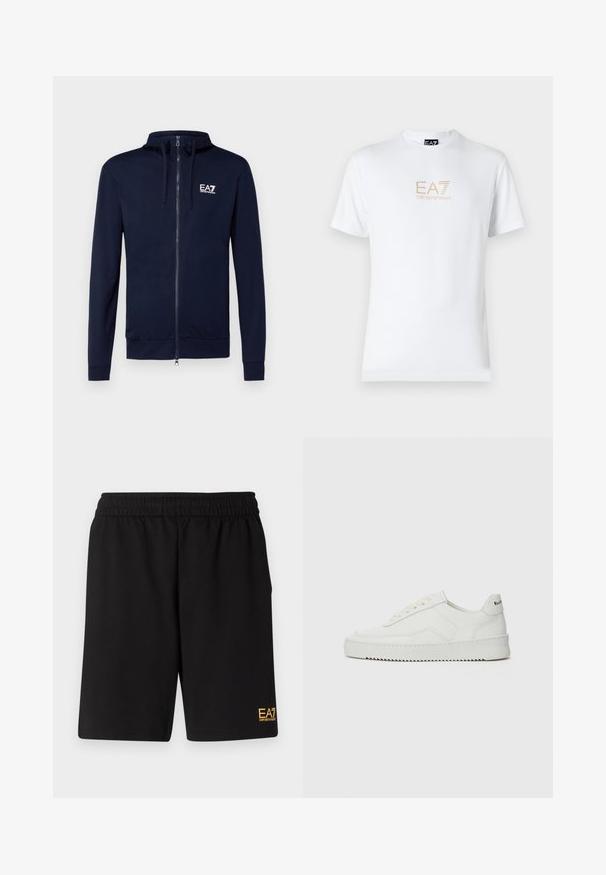 Tumedad zip-up kapuutsiga pusa, mis on valmistatud pehmest materjalist, kus on nööriga kapuuts ja EA7 logo rinnal. Mugav istuvus ribitud varrukate ja alumise äärega.; Valge puuvillane T-särk, millel on ümmargune kaelus ja lühikesed varrukad, ning mille esiosal on kuldne EA7 Emporio Armani logo.; Mustad mustad lühikesed püksid, mis on valmistatud pehmest kangast. Omavad elastset vöökohta ja väikest kollast EA7 logo vasakul jalal.; Valge nahast tennis, millel on sile põhi, ümar varvas, lamedad nöörid ja tekstuuriline tall. Sisaldab diskreetset logo kontsaribal.