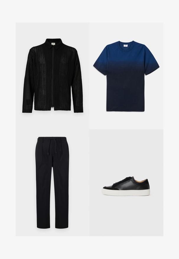 Chaqueta negra con cremallera, de textura acanalada y con cuello. Presenta un corte recto y mangas largas. Material ligero y transpirable.; Camiseta de algodón azul marino con cuello redondo, mangas cortas y un diseño de degradado sutil que va de tonos más claros a más oscuros.; Pantalones negros de tela suave, con cintura ajustable mediante cordón, piernas rectas y pliegues en la parte frontal para un look estructurado.; Zapatilla de piel negra con acentos de ante, puntera redonda, suela plana de goma blanca y texturas contrastantes en el cuerpo y los cordones.