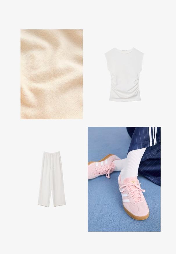 Kreemi värvi, tekstuuriga kangas pehme, pehme pinna ja peente soontega, mis näitab õrnu voldikuid ja lainetusi.; Valkoinen hihaton paita, jossa on pyöreä pääntie ja hienovarainen sivun rypytys, esillä valkoista taustaa vasten.; Valkoiset leveälahkeiset housut kevyestä kankaasta. Ominaisuuksiin kuuluu elastinen vyötärö, jossa on nauhakuuluma ja sivutaskut. Sileä rakenne.; Vaaleanpunaiset mokkanahkakengät, joissa on valkoiset raidat ja nauhat, varustettuna tekstuurilla olevalla kielillä ja kumipohjalla, asetettuna siniselle matolle.