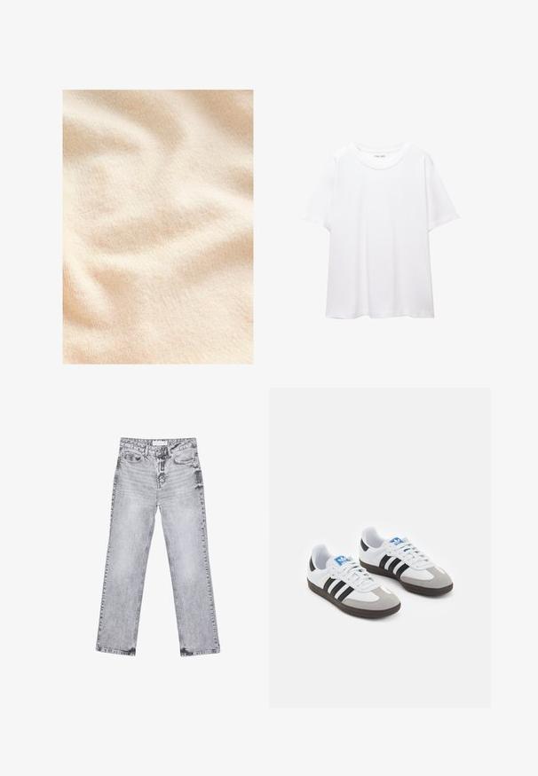Cream-colored, textured fabric with a soft, fuzzy surface and subtle ribbing, showcasing gentle folds and undulations.; Plain white t-shirt made of cotton with a round neckline, short sleeves, and a relaxed fit. Smooth texture with no patterns or accents.; Gray denim jeans with a straight-leg cut, distressed detailing, five pockets, and copper rivets. Waistband features a logo tag.; Sport shoes with a white leather upper, gray suede toe, and three black stripes. Features a blue logo on the tongue and a textured rubber sole.