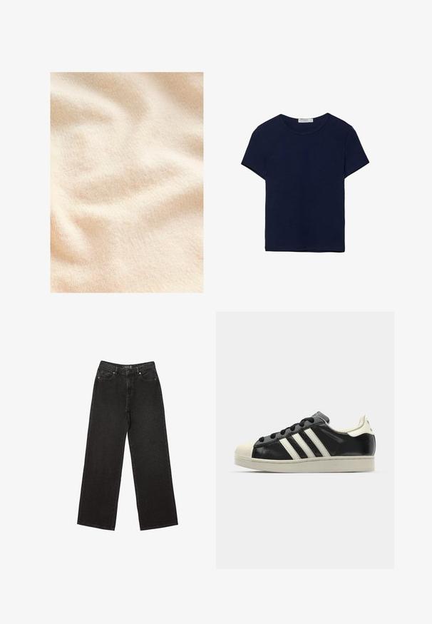 Cremefarvet, tekstureret stof med en blød, fuzzy overflade og subtile ribber, der viser bløde folder og bølger.; Mørkeblå bomulds T-shirt med korte ærmer og rund halsudskæring, med en glat tekstur og en lige kant uden mønstre eller detaljer.; Sorte brede jeans lavet af denim, med små prikkede mønstre, klassisk fem-lomme design og en knap- og lynlåslukning.; Sort lædersneakers med hvide striber, gummitåkap, sorte snørebånd og en cremefarvet ydersål. Glat tekstur med blank overflade.