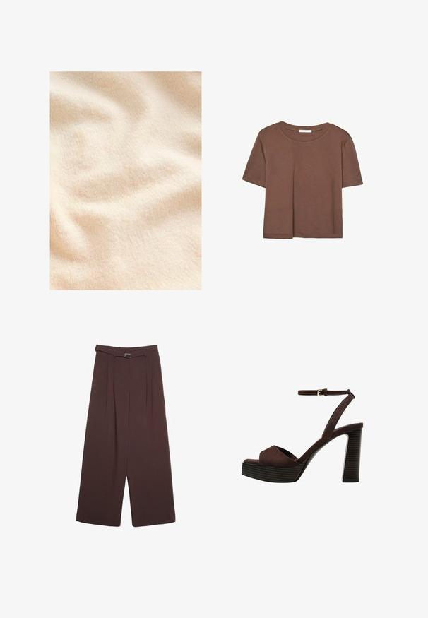 Krémová, textúrovaná látka s mäkkým, chlpatým povrchom a jemným ryhovaním, vystavujúca jemné záhyby a vlnky.; Hnedé tričko s krátkym rukávom vyrobené z jemného materiálu, s okrúhlym výstrihom a voľným strihom. Žiadne viditeľné vzory ani akcenty.; Stradivarius WIDE-LEG WITH BUCKLE DETAIL - Nohavice - dark brown; Hnedé semišové sandále na vysokom podpätku s otvorenou špičkou, nastaviteľným členkovým remienkom a pruhovanou platformovou podrážkou.