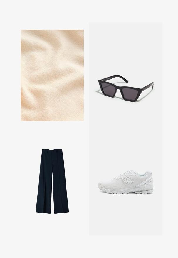 Tissu texturé couleur crème avec une surface douce et duveteuse, présentant des plis et ondulations délicats.; Un body blanc avec un encolure carrée, sans manches, texture lisse et fermeture à pression au bas. Style simple et minimaliste.; Pantalons larges navy en tissu lisse, dotés de deux plis avant et d'une fermeture à un bouton à la taille.; Baskets de sport blanches avec dessus en mesh, détails texturés et semelle rembourrée. Accents réfléchissants et logo sur le côté. Design léger.; Lunettes noires angulaires avec des verres gris ; fabriquées en plastique, avec des branches épaisses à la surface lisse et sans matériel visible.; Sac à bandoulière en cuir noir avec une forme arrondie, une seule sangle plate et une fermeture éclair supérieure. Texture lisse avec des détails matériels minimalistes.