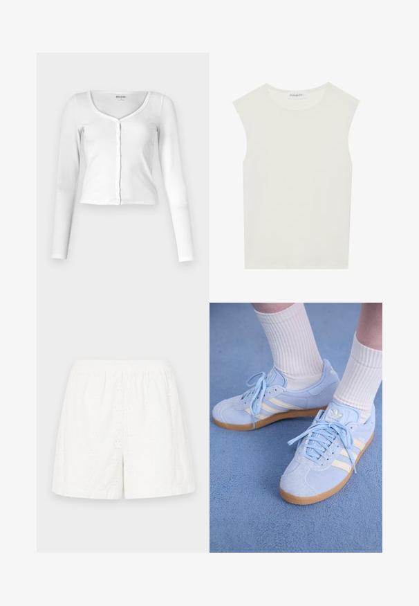 Fehér, hosszú ujjú blúz ribbelt anyagból, kerek kivágással és gombos elejével. Formázott fazon, diszkrét textúrával.; Fehér ujjatlan felső, kerek nyakkivágással. Simább anyagból készült, laza fazonnal és minimalista kialakítással rendelkezik. Nincsenek minták vagy díszítések.; Fehér pamut rövidnadrág, elasztikus derékkal, hímzett mintákkal és laza szabással. Simaság jellemzi, térd fölé érő kialakítással.; Világoskék velúr sportcipők fehér csíkokkal, lapos fűzőkkel és gumi talppal. Domború fehér zoknik vannak viselve a boka felett.