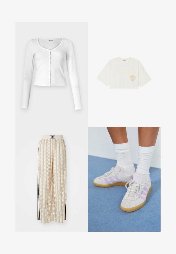 Top bianco a maniche lunghe realizzato in tessuto a costine, con scollatura a barchetta e abbottonatura frontale. Design aderente con una sottile texture.; T-shirt bianca tagliata in cotone con maniche corte, caratterizzata da una grafica di palma gialla e onda blu sul lato sinistro del petto.; Pantaloni a gamba larga color crema con un motivo a zigzag, dotati di una fascia in vita nera con logo e strisce nere laterali. Tessuto leggero e testurizzato.; Sneaker in suede grigio chiaro con tre strisce lilla, suola in gomma naturale, lacci piatti e calzini bianchi a costine. Ambientate su uno sfondo blu.