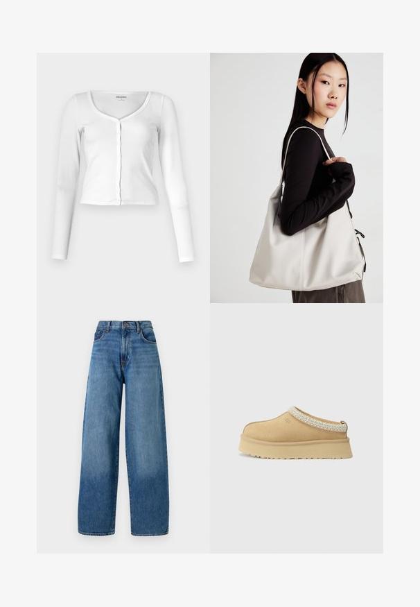 Balta garām piedurknēm topi, kas izgatavots no ribota auduma, ar apaļu kakla izgriezumu un pogām priekšā. Pieguļošs dizains ar smulku tekstūru.; Brūns garas piedurknes turtlenecka tops, izgatavots no ribota auduma; tam ir augsts, salocīts apkakle un brīvs piegriezums ar taisnu apakšmalu.; Plati zila džinsa bikses ar klasisku piecu kabatu dizainu. Ar pogu aizdari un vieglu izbalēšanu, lai piešķirtu tekstūru.; Tan zamšādas slēgtas kurpes ar mīkstu apkakli un teksturētu gaiši zilu akcentu. Iespējama bieza, izturīga zole ar rakstu profilu.; Bežs rokassoma, izgatavota no mīksta materiāla, ar brīvu dizainu, izšūtu apdari un divām plecu siksnām. Piemērota ikdienas lietošanai.