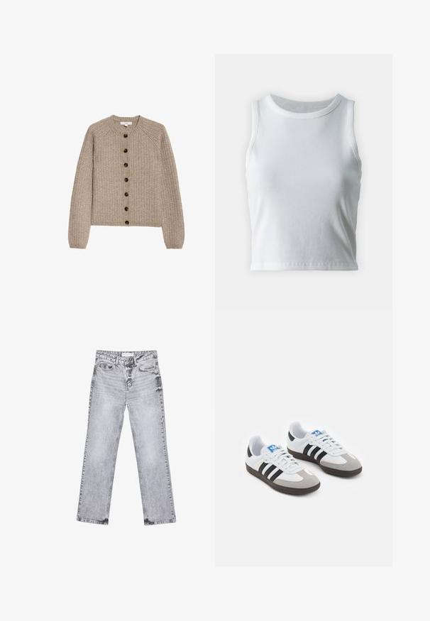 Beige pletený kardigan s dlouhými rukávy, žebrovanými manžetami, kulatým výstřihem a řadou sedmi tmavých knoflíků vpředu.; Bílý žebrovaný tílko s kulatým výstřihem a bezramínkovým designem, s rovnými lemy a hladkou, elastickou strukturou.; Šedé džíny z denimu se střihy rovnými nohavicemi, s poškozenou úpravou, pěti kapsami a měděnými nýtky. Pasová část obsahuje logo štítek.; Sportovní boty s bílým koženým svrškem, šedou semišovou špičkou a třemi černými pruhy. Obsahují modré logo na jazyku a texturovanou gumovou podrážku.