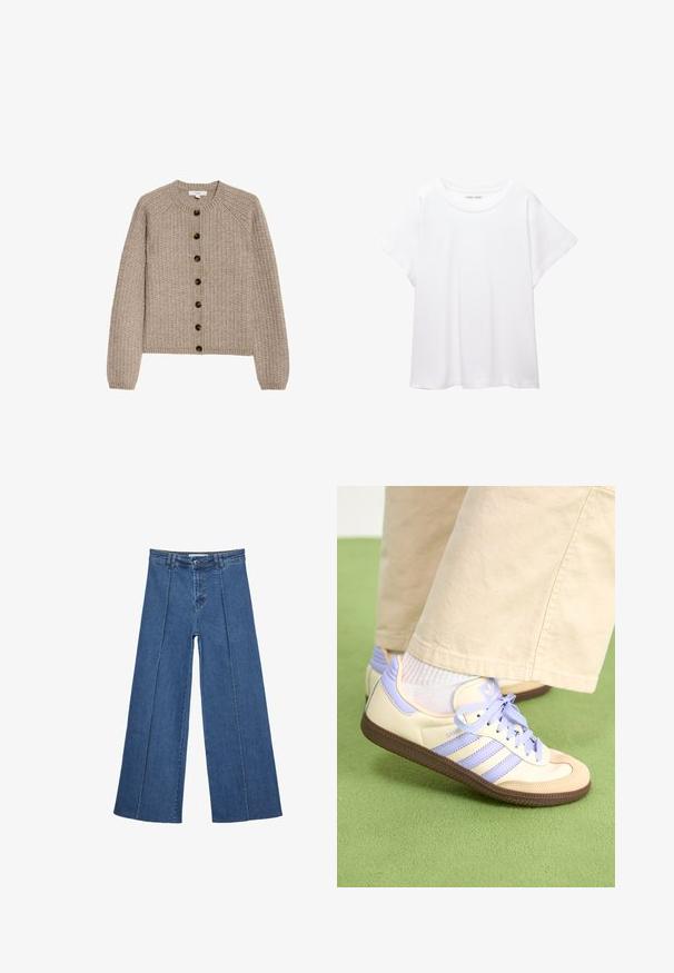 Beige strikket cardigan med lange ærmer, ribbede mansjetter, rund halsudskæring og en række af syv mørke knapper foran.; Hvid T-shirt lavet af blødt, let stof. Har en rund halsudskæring og korte, brede ærmer med en afslappet pasform. Ingen synlige mønstre.; Bredde ben denim jeans i mellemblå, med høj talje, knaplukning og kontrasterende lodrette sømdetaljer foran.; Creme og lavendel sneakers med tre striber og en tekstureret brun sål, der har snørebånd og en polstret hæl. Blødt stof øvre.