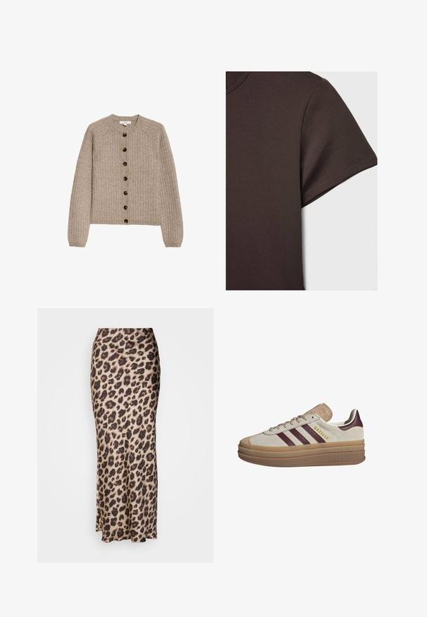 Beige stickad cardigan med långa ärmar, ribbade muddar, rund halsringning och en rad av sju mörka knappar längs framsidan.; Mörkbrun kortärmad t-shirt gjord av ett mjukt, elastiskt material, med en klassisk crew-halsringning och rena sömnadsdetaljer.; Leopardmönstrad midikjol i slätt satinmaterial. Har en figurnära silhuett med en liten slits i fållen för rörelse. Neutral beige och brun.; Beige mockaskor med vinröda ränder, vita detaljer, en kraftig genomskinlig sula och upphöjd märkning på sidan. Snörningsdesign.