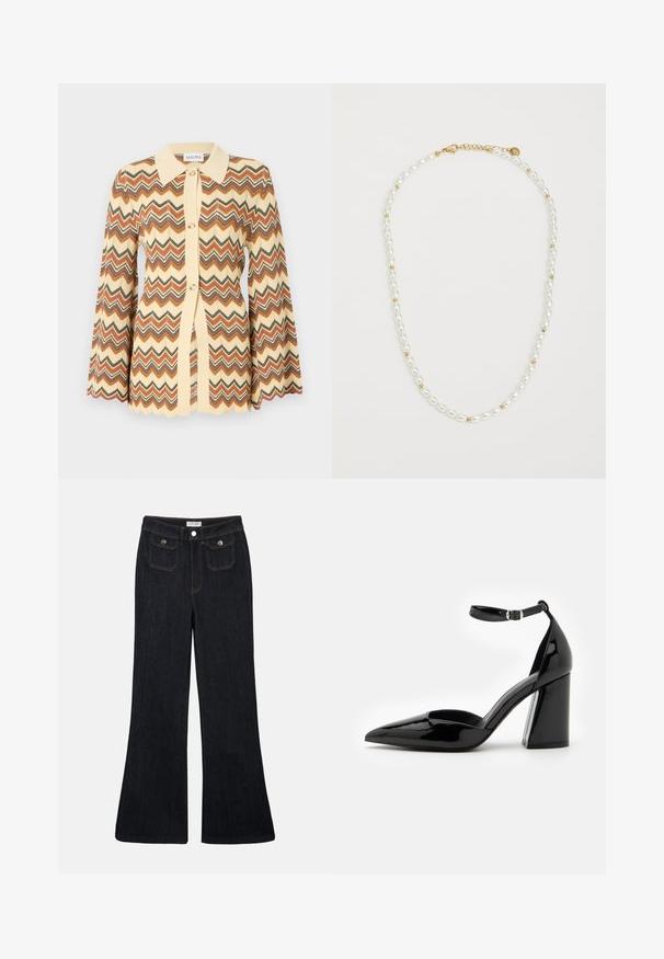 Strickjacke mit Zickzackmuster in Creme, Rost, Grau und Braun. Lange Glockenärmel mit gewellten Kanten. Knopfverschluss vorne.; Cremfarbener Kurzarmtop mit geraffter Textur, V-Ausschnitt und Knopfverschluss. Leichtes Material mit dezenten Puffärmeln.; Schwarze, ausgestellt geschnittene Jeans aus Denim mit hoher Taille, zwei Fronttaschen und orangefarbenen Nähten. Das Material wirkt robust und glatt.; Schwarzer Lacklederschuh mit hohen Absätzen, spitz zulaufender Zehenpartie, Knöchelriemen und breitem Blockabsatz für Stabilität, mit einer glatten, glänzenden Oberfläche.; Perlenkette mit abwechselnd weißen ovalen Perlen und kleinen goldenen Perlen, ausgestattet mit einem goldenen Verschluss zum Sichern. Insgesamt glatte Textur.