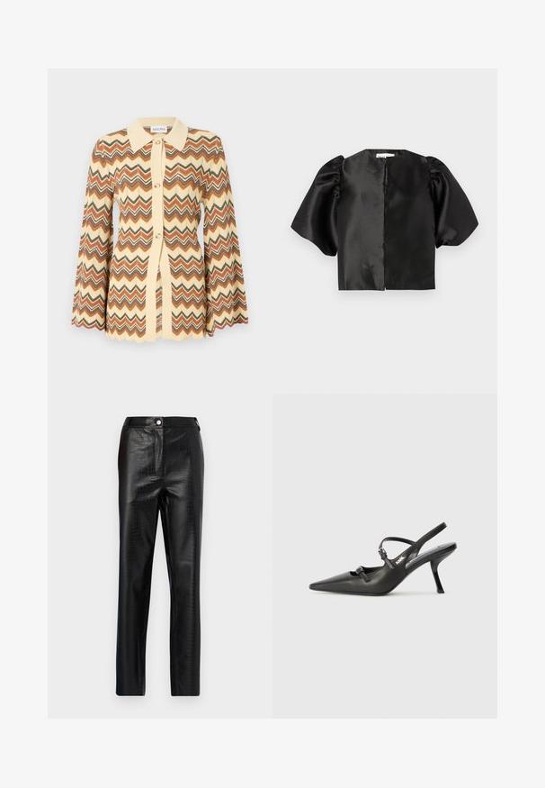 Gilet tricoté avec un motif en chevrons dans des tons de crème, rouille, gris et marron. Manches longues en forme de cloche avec des bords festonnés. Fermeture à boutons à l'avant.; Top court en satin noir avec des manches courtes bouffantes et une ouverture sur le devant. Texture lisse avec une finition brillante, design minimaliste.; Pantalons en faux cuir noir avec motif crocodile, coupe slim, design à jambe droite, dotés d'une fermeture à bouton à l'avant et d'une taille standard.; Talons slingback en cuir noir avec un bout pointu, un talon fin et un détail de boucle décorative sur le vamp. Texture lisse et design épuré.