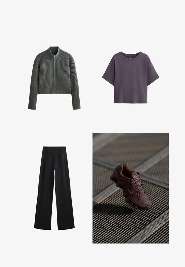 Maglione grigio a costine con colletto alto e zip completa, dotato di maniche lunghe e lunghezza cropped. Il tessuto strutturato aggiunge profondità.; T-shirt accorciata di un viola scuro uniforme, con maniche corte e scollatura rotonda, distesa su uno sfondo bianco.; Pantaloni neri a gamba larga realizzati in un tessuto morbido, dotati di una vita alta e due tasche con zip, con cuciture sottili lungo i lati.; Sneaker Nike marrone con una parte superiore in mesh testurizzato, suola curva distintiva e colletto imbottito, mostrato su uno sfondo a motivi.