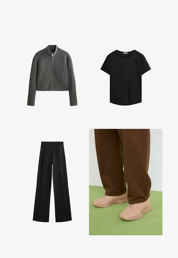 Szürke bordázott kötött pulóver magas gallérral és teljes cipzárral, hosszú ujjakkal és cropped hosszal. A texturált anyag mélységet ad.; Fekete, rövid ujjú póló kerek nyakkivágással és perforált hálós részletekkel a vállakon. Simaszerkezetű anyag, laza szabás, ívelt alj.; Széles szárú fekete nadrág puha anyagból, magas derékkal és két cipzáras zsebbbél, diszkrét varrással az oldalakon.; Világos rózsaszín sportcipők textúrázott velúrból és hálós felsőrészből, kerek orr, fűzős kialakítás és masszív gumitalp. Barna bő szárú nadrággal viselve.