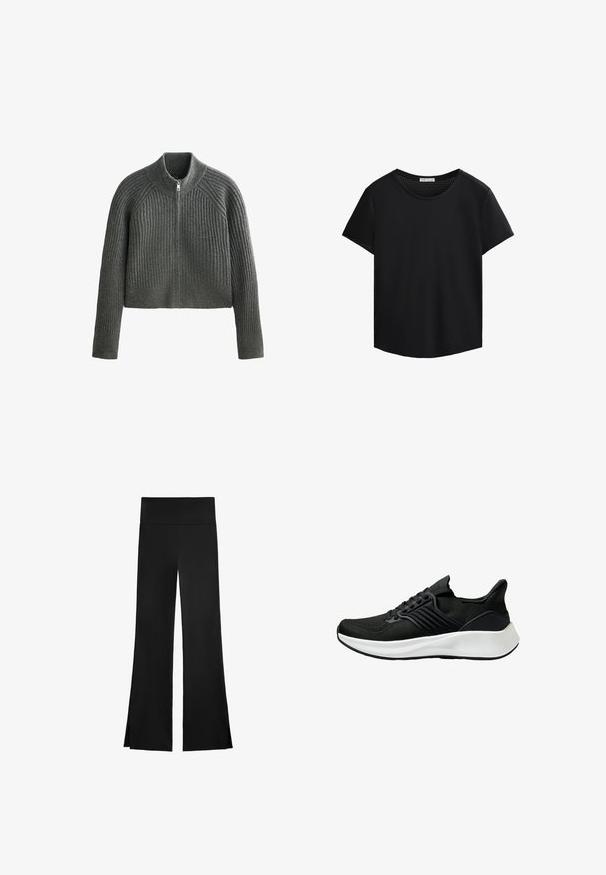 Szürke bordázott kötött pulóver magas gallérral és teljes cipzárral, hosszú ujjakkal és cropped hosszal. A texturált anyag mélységet ad.; Fekete, rövid ujjú póló kerek nyakkivágással és perforált hálós részletekkel a vállakon. Simaszerkezetű anyag, laza szabás, ívelt alj.; Fekete nadrág, széles szárakkal, magas derékkal és oldalsó hasítékokkal a könnyű mozgás érdekében. Simító, rugalmas anyagból készült.; Fekete sportcipő texturált szövet felsőrésszel, fűzőrendszerrel és fehér középtalppal. Alacsony profilú és ívelt talp kialakítással rendelkezik.
