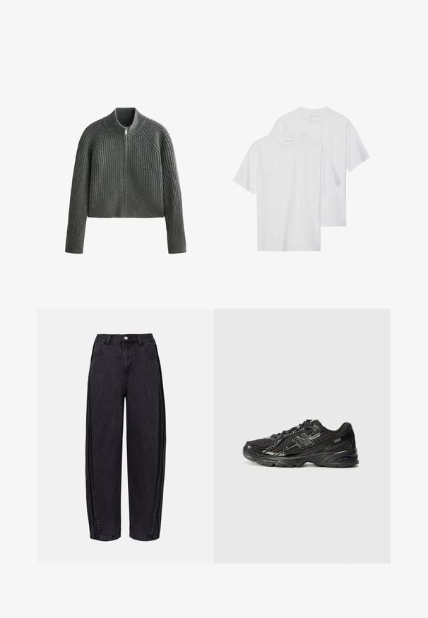 Grey ribbed knit sweater with a high collar and full zipper, featuring long sleeves and a cropped length. Textured fabric adds depth.; Two white cotton T-shirts with short sleeves, crew necklines, and a plain design, featuring minimal stitching detail and no visible logos.; Black wide-leg jeans made of denim with a smooth texture. Features a high waist, front pockets, and button closure at the waistband.; Black athletic shoe with mesh and synthetic materials, featuring a rounded toe, lace-up front, textured sole, and reflective accents.