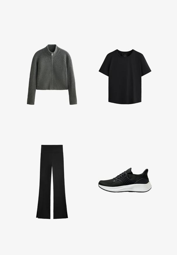 Szary sweter z prążkowanej dzianiny, z wysokim kołnierzem i pełnym zamkiem błyskawicznym, z długimi rękawami i skróconą długością. Teksturowany materiał dodaje głębi.; Czarny krótki top z rękawem, z okrągłym dekoltem, wykonany z gładkiego materiału, o prostym kroju i subtelnych bocznych szwach, które nadają kształt.; Czarne spodnie o szerokim kroju, z wysokim stanem i bocznymi rozcięciami dla łatwości ruchu. Wykonane z gładkiego, elastycznego materiału.; Czarne buty sportowe z teksturowaną cholewką, systemem sznurowania i białą podeszwą środkową. Charakteryzują się niskim profilem i zakrzywionym kształtem podeszwy.