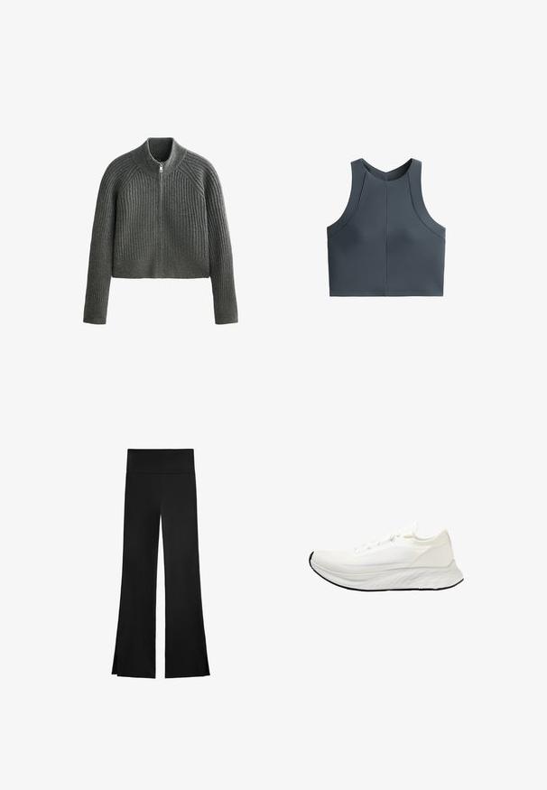 Szürke bordázott kötött pulóver magas gallérral és teljes cipzárral, hosszú ujjakkal és cropped hosszal. A texturált anyag mélységet ad.; Szürke rövid felső, bordázott textúrával, ujjatlan kivitelben és lekerekített nyakkivágással, varrási díszítésekkel a formázott illeszkedés érdekében.; Fekete nadrág, széles szárakkal, magas derékkal és oldalsó hasítékokkal a könnyű mozgás érdekében. Simító, rugalmas anyagból készült.; Fehér futócipő hálós felsőrésszel, könnyű kialakítással, sima, lekerekített talppal és fekete gumitalppal. Lapított fűzőkkel és minimális díszítésekkel rendelkezik.