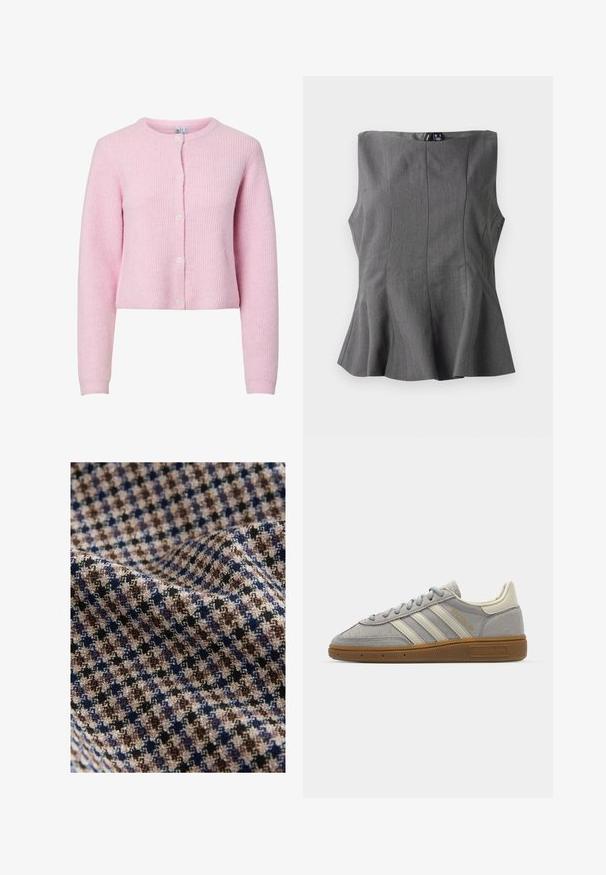 Pieces PCSILLY O NECK CARDIGAN - Kofta - roseate spoonbill; Grå peplumtop med en strukturerad, ärmlös design. Tillverkad av slätt tyg, med vertikala sömmar och en rak halsringning.; Textil i ett rutigt mönster med beige, brunt, marinblått och svart färg med en texturerad yta. Mjuk och fallande i utseendet.; Grå mockasneakers med ljusgrå läderlinjer och en gummigummi-sula. Funktioner inkluderar snörning och diskret logotyp på tungan.