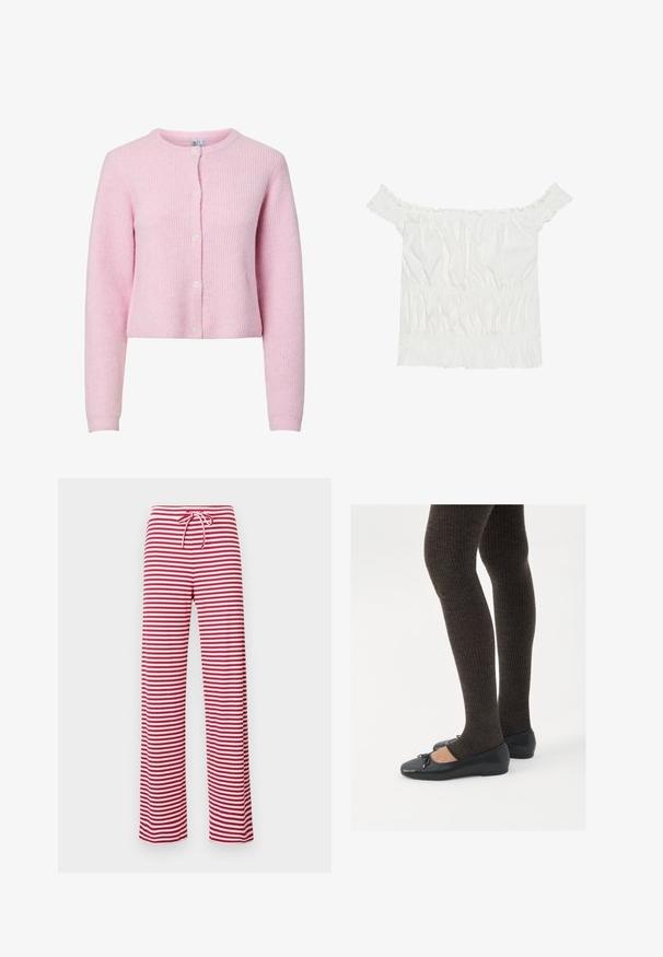 Pieces PCSILLY O NECK CARDIGAN - Cardigan - roseate spoonbill; Hvit av-shoulder topp med volanger, samlet tekstur og elastisk midje. Laget av myk bomull.; Rødt og hvitt stripete, løst sittende bukser med snor i livet og ribbestruktur. Rett ben-design som går ned til anklene.; Sorte flate sko med en liten sløyfedetalj på tåen, kombinert med mørkebrune ribbede strømpebukser. Skoene har en glatt overflate og lav profil.