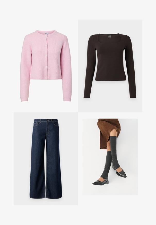 Pieces PCSILLY O NECK CARDIGAN - Casaco de malha - roseate spoonbill; Top preto de mangas longas, ajustado, com decote quadrado, da marca GAP, exibido sobre um fundo branco.; Jeans de perna larga em denim azul escuro. Apresenta costura em contraste, cinco bolsos e um fecho de botão na cintura. Textura lisa.; Sapatos pretos de pele lacada com biqueira pontuda, salto bloco e tiras no tornozelo, combinados com caneleiras cinzas em malha e uma saia de camurça castanha.