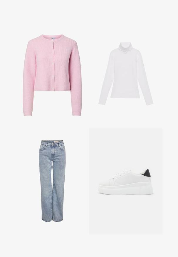 Pieces PCSILLY O NECK CARDIGAN - Casaco de malha - roseate spoonbill; Camisola de gola alta de mangas longas, feita de um tecido liso e elástico. Apresenta um colarinho alto e um design ajustado, sem padrões ou adornos visíveis.; Jeans de perna larga em azul-claro, feitos de denim, com cintura alta, design de cinco bolsos e um desvanecimento sutil para um aspeto usado.; Tênis plataforma brancos feitos de material sintético suave, apresentando ponta arredondada, design com cadarços e sola de borracha texturizada. Acento preto no calcanhar.