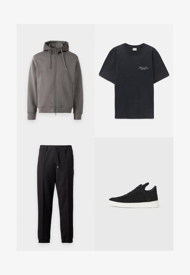 Pelēka kapuce ar rāvējslēdzēju, aprīkota ar teksturētu kapuces odere, auklām un sānu kabatām. Iekļautas ribotas aproces un apakšmala, kas nodrošina ciešu piegulšanu.; Melna īsās piedurknes T-kreklā ar mazu balto "Filling Pieces" tekstu logotipu uz kreisā krūšu.; Melni bikses ar jostu, staipāmu un elastīgām aprocēm. Ar krokām un gludu, teksturētu audumu.; Melna zamša apavi ar baltu gumijas zoli, ar tonālu izšuvumu un auklu dizainu. Gluda tekstūra ar mūsdienīgu, plūstošu formu.