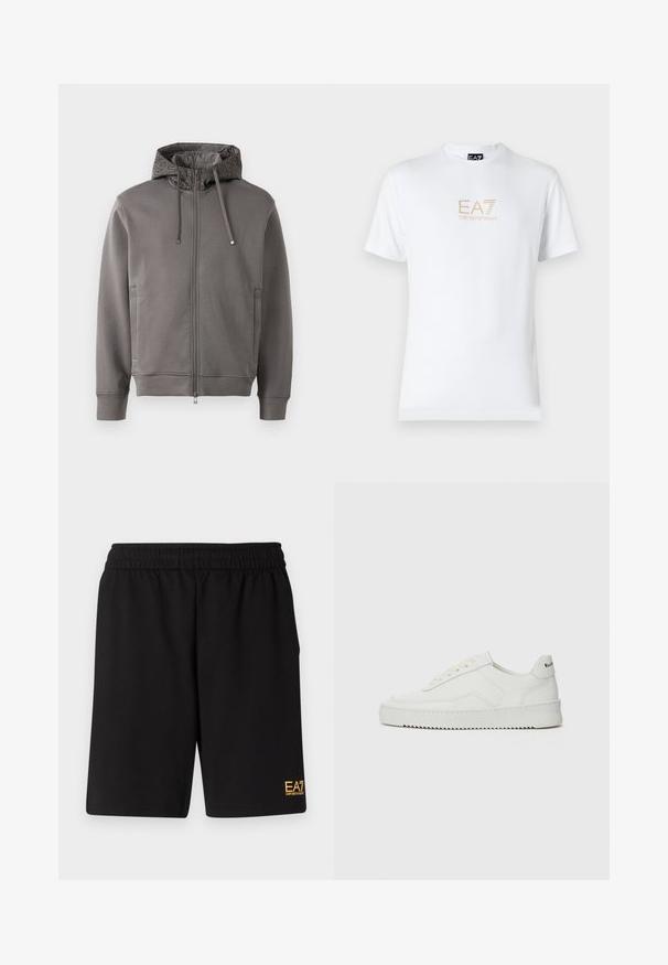 Szara bluza z kapturem na zamek błyskawiczny, z teksturowanym wykończeniem kaptura, sznurkami ściągającymi i bocznymi kieszeniami. Posiada ściągacze na rękawach i dolnym wykończeniu dla lepszego dopasowania.; Biała bawełniana koszulka z okrągłym dekoltem i krótkimi rękawami, z nadrukowanym z przodu złotym logo EA7 Emporio Armani.; Czarne sportowe szorty wykonane z miękkiego materiału, z elastycznym paskiem w talii oraz małym, żółtym logo EA7 na dolnej lewej nodze.; Białe skórzane sneakersy o gładkim wykończeniu, okrągłym nosku, płaskich sznurówkach i teksturowanej podeszwie. Charakteryzują się delikatnym logo na pięcie.
