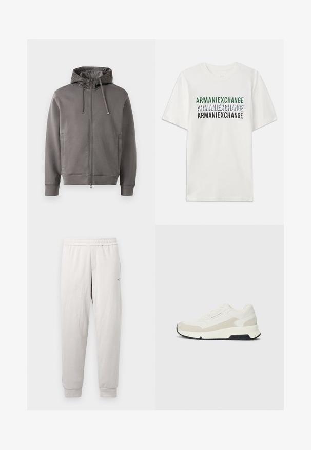 Siva zip-up kapuca z azurno oblogo, z vrvicami in stranskimi žepi. Ima ribane manšete in ovratnik za udobno prileganje.; Bela bomba majica iz bombaža z večkrat ponovljenim napisom "ARMANIEXCHANGE" v zeleni, modri in črni barvi. Kratki rokavi in klasičen kroj s krožnim izrezom.; Svetlo sivi trenirki z elastičnim pasom, stranskimi žepi, rebrastimi manšetami in subtilnim logotipom na nogi, narejene iz mehkega blaga.; Beige in bele črne nizke superge z vezalkami spredaj, črnim podplatom in 'Armani Exchange' blagovno znamko na strani in podplatu.