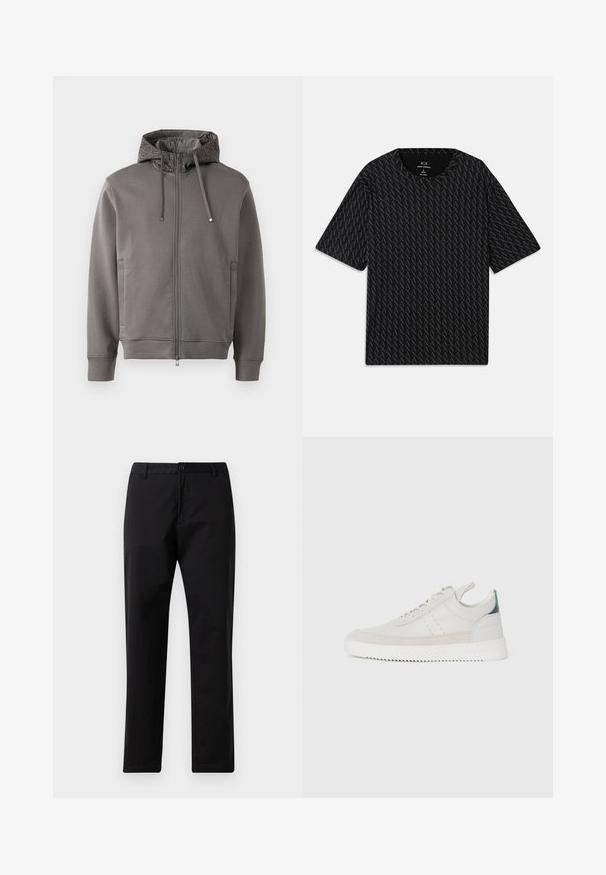 Pelēka kapuce ar rāvējslēdzēju, aprīkota ar teksturētu kapuces odere, auklām un sānu kabatām. Iekļautas ribotas aproces un apakšmala, kas nodrošina ciešu piegulšanu.; Melna t-kreklu ar teksturētu pārveidojumu, kurā mijas 'A' logotipi, īsām piedurknēm un apaļu kakla izgriezumu. Izgatavots no viegla auduma.; Melni taisni bikses ar pogu un rāvējslēdzēja aizdari, jostas cilpām un priekšējiem kabatām, izliktas uz baltas fona.; Baltas ādas sporta apavi ar pelēka zamšādas akcentiem, saistoša dizaina, ar vilkšanas cilpu un teksturētu gumijas zoli, kas raksturojas ar zigzag rakstu.