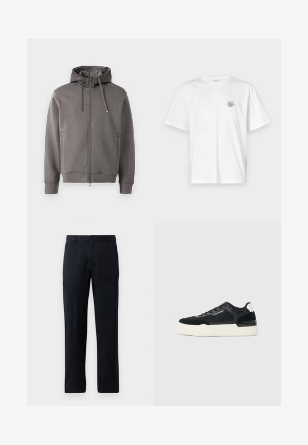 Grå lynlås hoodie med en tekstureret hætteforing, snore og sidelommer. Har ribbede manchetter og nederste kant for en tætsiddende pasform.; Hvid t-shirt lavet af bomuld med korte ærmer, rund halsudskæring og et lille gråt logo på venstre brystområde. Glat tekstur.; Sorte lige bukser lavet af et glat stof. Har en enkelt knaplukning og bæltesløjfer, uden synlige mønstre eller accenter.; Sorte sneakers lavet af mesh og læder, med en tyk hvid sål og kontrasterende detaljer. Snørebånd og logo detaljer på siden.