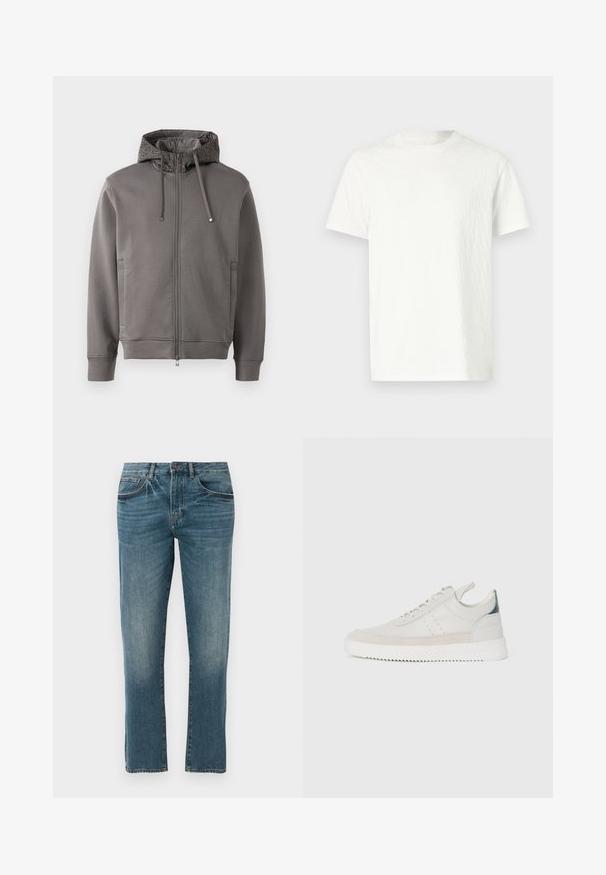 Haut à capuche zippé gris avec une doublure de capuche texturée, cordons de serrage et poches latérales. Comprend des poignets et un ourlet côtelés pour un ajustement confortable.; T-shirt blanc à manches courtes avec une surface légèrement texturée et un col rond. Pas de motifs visibles ni de détails matériels.; Jean en denim bleu moyen à jambe droite avec poches avant, fermeture à bouton et délicates nuances de décoloration au niveau des hanches.; Baskets en cuir blanc avec des accents en daim gris, à lacets, avec languette de traction et semelle en caoutchouc texturé avec un motif en zigzag.
