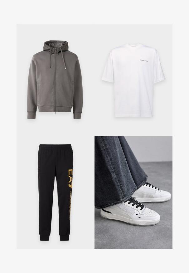 Grijze zip-up hoodie met een gestructureerde capuchon voering, trekkoorden en zijzakken. Beschikt over ribgebreide mouwen en een zoom voor een comfortabele pasvorm.; Witte katoenen T-shirt met korte mouwen en een V-hals, voorzien van een zwart "FILLING PIECES" logo dat aan de linkerkant is gedrukt.; Zwarte trainingsbroek van zacht materiaal, met een elastische tailleband en cuffed enkels. Gele branding die verticaal op het linkerpijp is gedrukt.; Witte sneakers met zwarte veters en mesh-details. Beschikt over een gladde leren bovenkant en een gestructureerde rubberen zool. Gepaard met brede grijze jeans.
