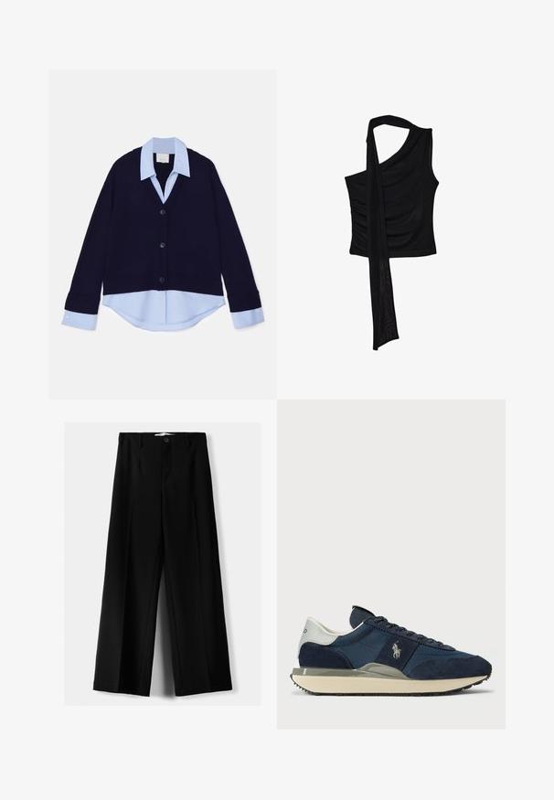 Sømandsstrik cardigan i marineblå med V-hals og ribbede kanter, der har en lys blå skjorte med krave under. Fire sorte knapper pryder forsiden.; Sort ærmeløs top med en enkelt skulderrem, der har en flydende, draperet accent og samlet sidelægned. Lavet af et blødt stof.; Sorte brede bukser lavet af letvægtsstof, med frontknaplukning og glat front, samt pænt syede kanter.; Marineblå ruskinds- og mesh-sneakers med en hvid og grå hæl, flade snørebånd og en struktureret ydersål. Har et logo på siden.