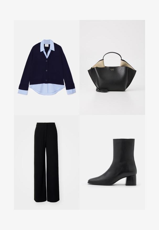 Sømandsstrik cardigan i marineblå med V-hals og ribbede kanter, der har en lys blå skjorte med krave under. Fire sorte knapper pryder forsiden.; Sort langærmet bluse lavet af blødt stof, med rund halsudskæring og en afslappet pasform med sideslids i kanten for nem bevægelse.; Sorte brede bukser med høj talje, glat stof, frontlukning med knap og uden synlige lommer, med et skræddersyet fit.; Sorte læder ankelstøvler med spids tå og en kraftig firkantet hæl. Glat overflade med et sømløst design og minimalistisk syning.; Ree Projects ANN TOTE MINI - Håndtasker - black