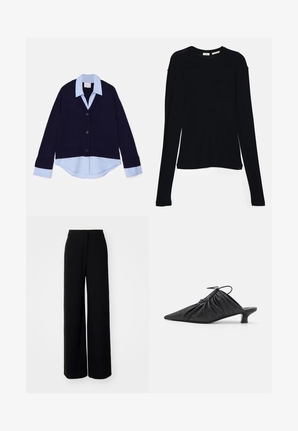 Sømandsstrik cardigan i marineblå med V-hals og ribbede kanter, der har en lys blå skjorte med krave under. Fire sorte knapper pryder forsiden.; Sort langærmet bluse lavet af blødt stof, med rund halsudskæring og en afslappet pasform med sideslids i kanten for nem bevægelse.; Sorte brede bukser med høj talje, glat stof, frontlukning med knap og uden synlige lommer, med et skræddersyet fit.; Sorte læder slip-on mules med spids tå, samlet tekstur og en lille kitten heel. Har en snor-detalje ved åbningen.