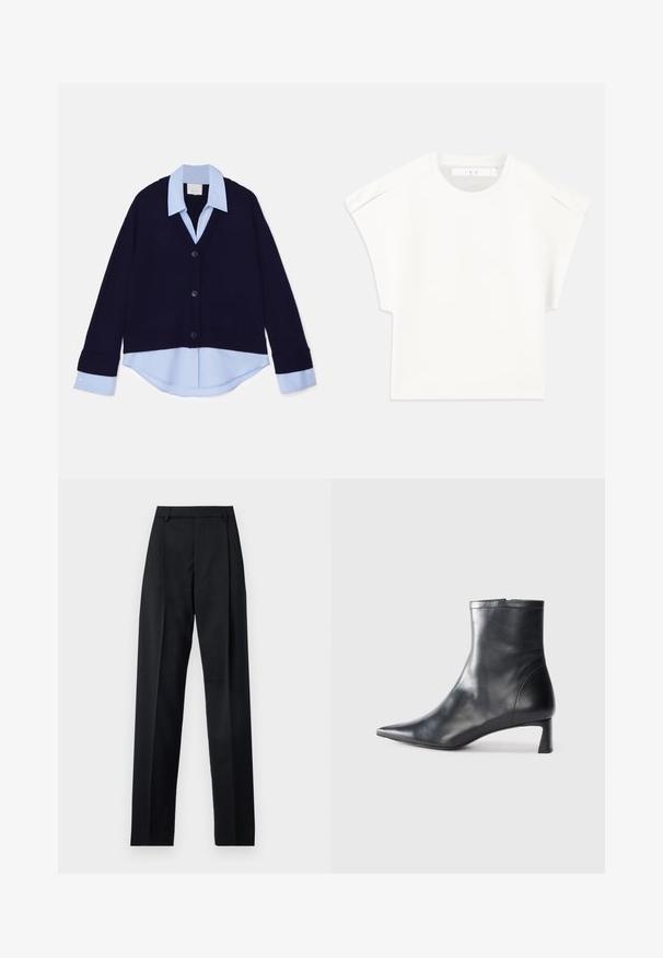 Jūras spēku zila adīta džemperi ar V veida kaklu un ribotām malām, zem kura ir gaiši zila apkakles krekls. Priekšpusi rotā četri melni pogas.; Balta kaste formas T-kreklā ar īsām piedurknēm. Izgatavots no gluda auduma, ar apaļu izgriezumu un nelieliem plecu akcentiem. Vienkāršs dizains.; Melnas bikses, izgatavotas no gludas auduma, ar augstu vidukli, platiem bikšu galdniekiem, priekšējiem krokām un klasiskām jostu cilpām. Sānu kabatas nav redzamas.; Melnas ādas potītes zābaki ar norādītu pirkstu un elegantu dizainu. Iezīmē zemu papēdi un rāvējslēdzēja aizdari aizmugurē. Gluda tekstūra.