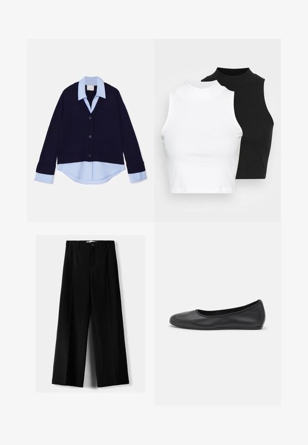 Marinblå stickad cardigan med V-ringning och ribbade fållar, med en ljusblå skjorta med krage under. Fyra svarta knappar pryder framsidan.; Två ärmlösa ribbade polotröjor i svart och vitt, med en figursydd design och slät textur, i en kortad längd.; Svarta vida byxor i lätt material, med knappstängning fram och platt front, samt väl sydda fållar.; Svart läderballerinaskor med rund tå, slät yta, minimala söm detaljer och en flexibel sula.