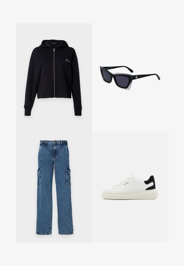 Sudadera corta negra hecha de tela suave, con cremallera completa, bolsillos frontales y un pequeño logo blanco bordado en el pecho.; Camiseta de algodón con rayas horizontales azul marino sobre un fondo blanco. "Tommy Hilfiger" bordado en cursiva en el pecho. Escote de tipo crew.; Pantalones cargo de denim azul con un ajuste relajado, que cuentan con dos bolsillos laterales, costuras reforzadas y un diseño de pierna recta.; Zapatillas blancas de cuero con una suela blanca gruesa, acento en el talón de ante negro y logo grabado en el lateral. Diseño de cordones con seis ojales.; Gafas de sol negras de gran tamaño con una forma geométrica, que presentan lentes oscuros y un detalle gris contrastante en la montura. Logo en la pata.