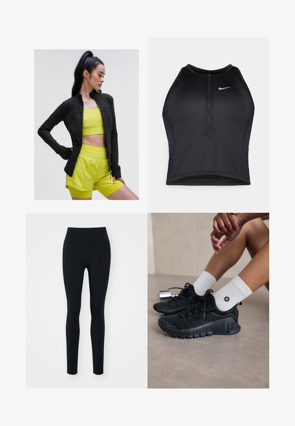 Čierna športová bunda na zips s priliehavým strihom, nosená cez jasne žlté skrátené tričko a zodpovedajúce kraťasy, všetko vyrobené z hladkej, pružnej látky.; Čierny športový crop top so zipsom vpredu, sieťovými prvkami a priliehavým strihom. Vyrobený z pružného, priedušného materiálu. Logo Nike na prednej strane.; Čierne legíny vyrobené z elastického materiálu s vysokým pásom. Hladká textúra, priliehavý strih a žiadne viditeľné ozdoby alebo vzory.; Čierne športové topánky s textúrovanou látkou, šnurovací dizajn a výrazná podrážka, doplnené o biele rebrované ponožky s malým logom.