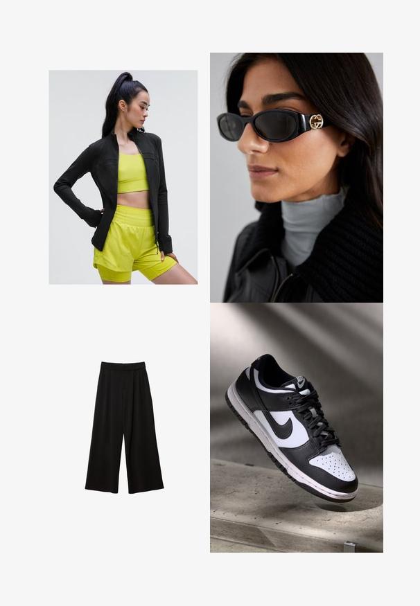 Schwarze, zipfelige Sportjacke mit figurbetontem Design, getragen über einem hellgelben, kurz geschnittenen Top und passenden Shorts, alles aus glattem, dehnbarem Material.; Schwarzes ärmelloses Crop-Top mit tiefem V-Ausschnitt, aus glattem, elastischem Stoff gefertigt. Verfügt über einen sauberen Saum und keine sichtbaren Muster oder Akzente.; Schwarze weit geschnittene Hosen mit hoher Taille, die Falten, eine glatte Textur und keine sichtbaren Taschen oder Verzierungen aufweisen.; Schwarz-weißer Nike Dunk Low Sneaker mit Lederobermaterial, perforiertem Zehenbereich und schwarzen Schnürsenkeln, ausgestattet mit einer weißen Sohle und Logo-Akzenten.; Schwarze Sonnenbrille mit einem schlanken rechteckigen Rahmen und einem goldenen Logo-Akzent an der Seite. Dunkle Gläser und glänzende Oberfläche sind auffällig.