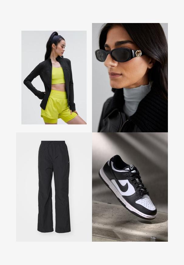 Zwarte sportjack met rits in een aansluitend ontwerp, gedragen over een heldergele cropped top en bijpassende shorts, allemaal gemaakt van gladde, rekbare stof.; Zwart sans-mouwen crop top met een diepe V-hals, gemaakt van gladde, rekbare stof. Heeft een nette zoom en geen zichtbare patronen of accenten.; Zwarte, lichtgewicht broek met een elastische tailleband en verstelbare trekkoord. Heeft een gestructureerde afwerking en een klein reflecterend logo aan de zijkant.; Zwart-witte Nike Dunk Low sneaker met een leren bovenwerk, geperforeerde neus, en zwarte veters, met een witte zool en logo-accenten.; Zwarte zonnebril met een stijlvolle rechthoekige montuur en een gouden logo-accent aan de zijkant. Donkere lenzen en een glanzende afwerking zijn opvallend.