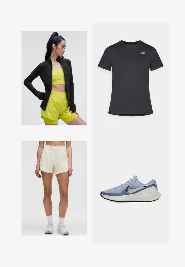 Juodas savim aptrauktas sportinis džemperis su prigludusia forma, vilkimas virš ryškiai geltono trumpam pasmegimo marškinėlio ir derančių šortų, visi pagaminti iš glotnaus, tamprios medžiagos.; Juodas trumpomis rankovėmis marškinėliai, pagaminti iš minkštos medžiagos, su mažą pilką New Balance logotipą viršutiniame kairiajame krūtinės srityje, klasikinio apvalaus iškirpimo dizainas.; Kremo spalvos sportiniai šortai su elastinga juosmens juosta ir šoniniais kišenėmis. Audinys atrodo lygus ir lengvas, tinkamas aktyviam dėvėjimui.; Šviesiai mėlyna ir balta Nike bėgimo batai su sidabriniu swoosh, kvėpuojantis tinklinis viršus, paminkštinta pado dalis ir juodas pado raštas.