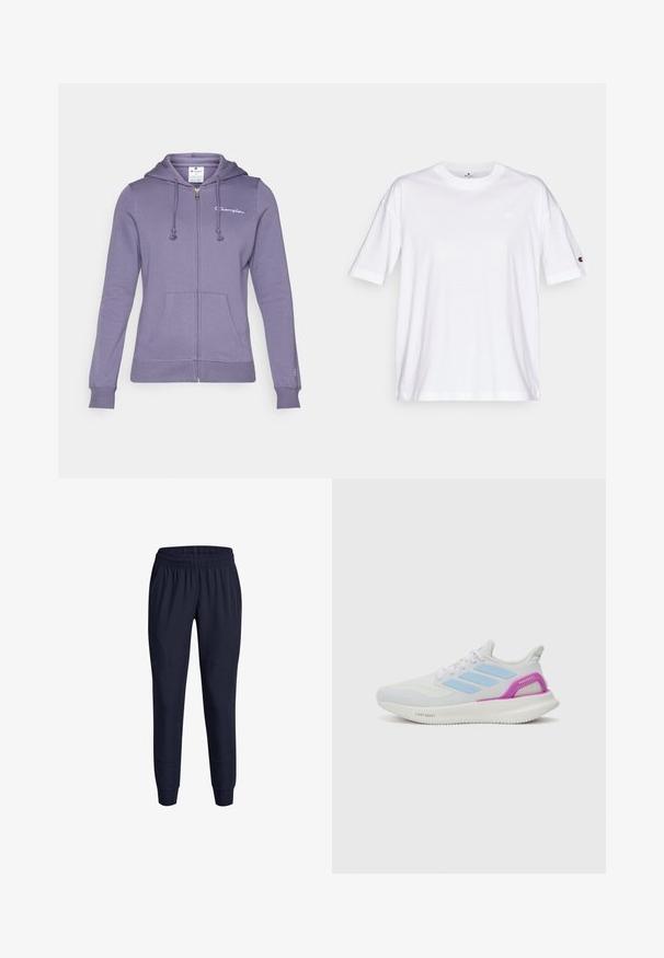 Fialová mikina na zips vyrobená z jemnej bavlnenej zmesi s kapucňou na šnúrky, prednými vreckami a malým logom na hrudi. Hladká textúra a priliehavý dizajn.; Biela bavlnená tričko s okrúhlym výstrihom, krátkymi rukávmi a malým logom na ľavej hrudi. Má uvoľnený strih a jednofarebný dizajn.; Námořnické atletické kalhoty s elastickým pasem, zúženou nohavicí a postranními kapsami, navržené z lehkého, hladkého materiálu.; adidas Performance PUREBOOST 5 - Cestná bežecká obuv - white/glow blue/purple burst