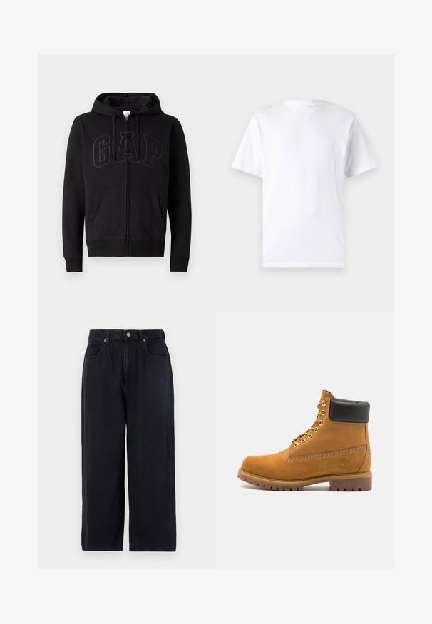 Črna zip-up kapuca iz bombažne mešanice. Ima kenguru žep, kapuco s vrvico in velik GAP logotip na sprednji strani v temno sivi barvi.; Bela majica s kratkimi rokavi iz bombaža z okroglim izrezom, ki ima gladko teksturo in preprost dizajn brez vzorcev ali poudarkov.; Črne denim hlače s ravnim krojem, ki vključujejo pet žepov, zapiranje na gumb in brezhiben zaključek. Trajna tkanina z mat površino.; Svetlo rjave anklne čizme iz semiša z črnim oblazinjenim ovratnikom, zlatimi kovinskimi očesci, belimi šivi in robustnim gumijastim podplatom s izrazitimi tredi.