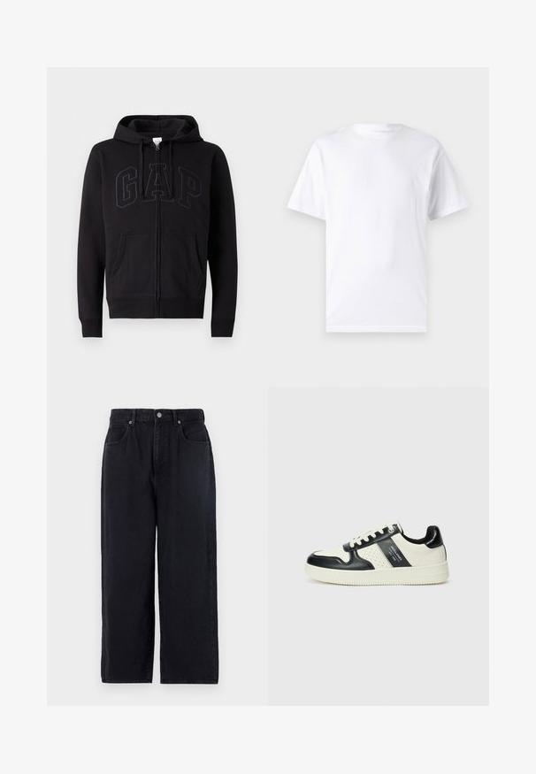 Črna zip-up kapuca iz bombažne mešanice. Ima kenguru žep, kapuco s vrvico in velik GAP logotip na sprednji strani v temno sivi barvi.; Bela majica s kratkimi rokavi iz bombaža z okroglim izrezom, ki ima gladko teksturo in preprost dizajn brez vzorcev ali poudarkov.; Črne denim hlače s ravnim krojem, ki vključujejo pet žepov, zapiranje na gumb in brezhiben zaključek. Trajna tkanina z mat površino.; Usnjeni športni čevlji z črno in krem barvno shemo, ki vključujejo perforirane dodatke, podložen ovratnik in strukturirano podplat.