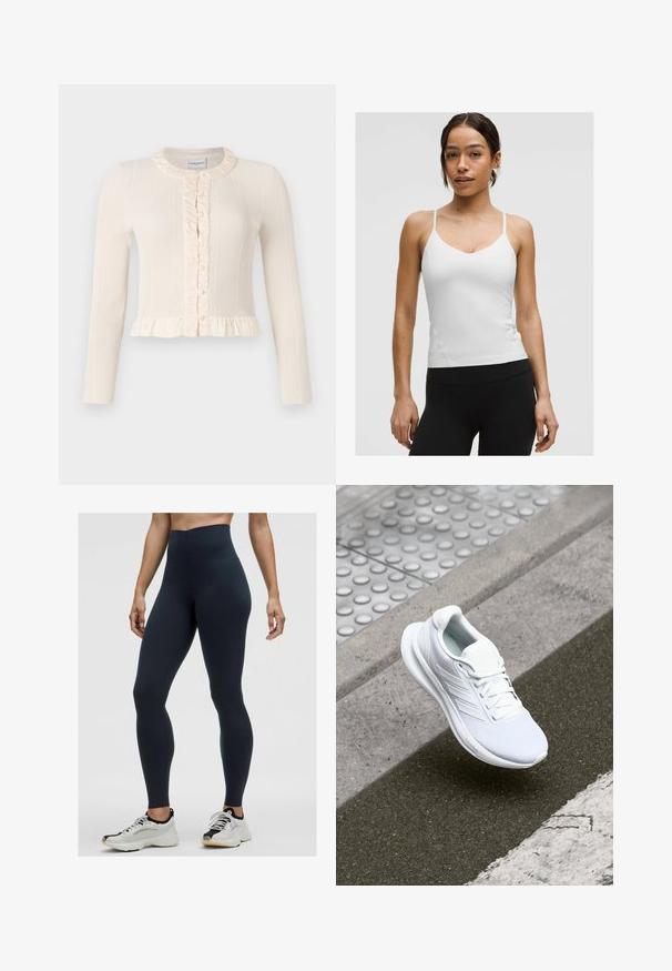 Cremefarvet ribbestrikket cardigan med lange ærmer, flæsekrave og knaplukning foran. Har en peplum-kant for ekstra tekstur og detaljer.; Hvid camisole-top med tynde stropper, V-hals design og tætsiddende silhuet. Glat tekstur, minimal detaljer, iført sorte leggins.; Højtaljede marineblå leggings lavet af strækbart stof, med en glat overflade og en tætsiddende design. Båret med hvide og sorte træningssko.; Hvide sportsko med overdel i netmateriale, snørebåndsdesign og struktureret sål. Subtile branding og sømløse konstruktionsdetaljer er synlige.