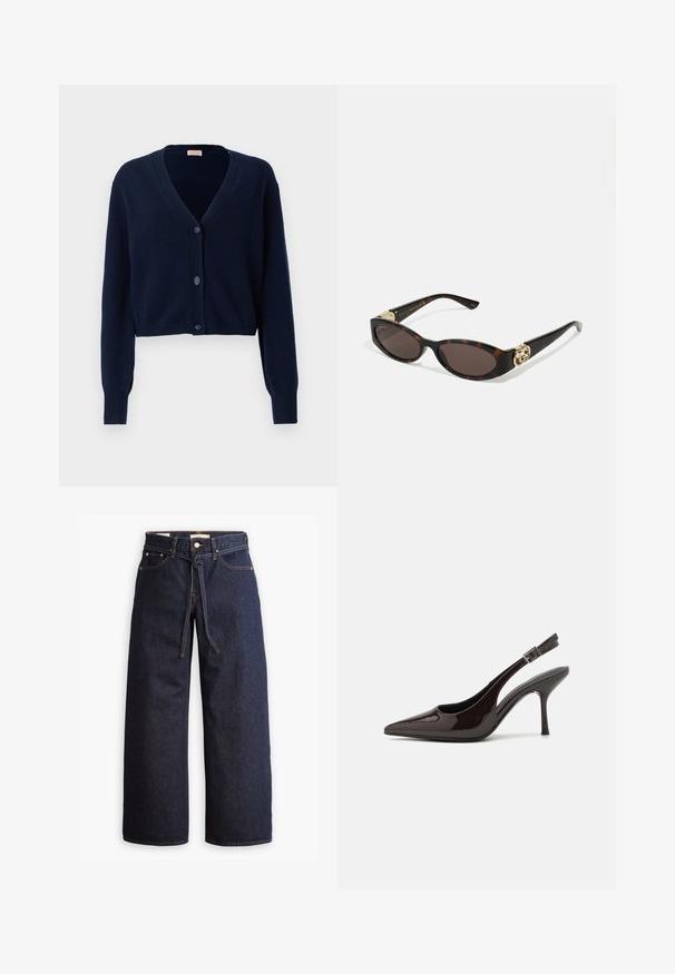 Tmavo modrý skrátený kardigán vyrobený z mäkkého materiálu, s výstrihom do V, dlhými rukávmi a piatimi gombíkmi na prednej strane.; Modrá pruhovaná košeľa s gombíkmi, s golierom, dlhými rukávmi a zakriveným spodným okrajom. Materiál sa zdá byť hladký a ľahký. Gombíková léga na prednej strane.; Široké tmavomodré denimové džínsy s vysokým pásom, so šnúrkou na sťahovanie, piatimi vreckami a kontrastným prešívaním.; Slingback vysoké opätky v lesklej tmavohnedej lakovej koži, so špicatou špičkou, otvorenými stranami a nastaviteľným remienkom na členku.; Slnkové okuliare v korytnačkovom dizajne s predĺženými oválnymi šošovkami, hnedým tónovaním, zlatými logovými akcentmi na spánkoch a elegantnými čiernymi ramenami.; Hnedá kabelka s vzorom, vyrobená z texturovanej látky, s hnedým koženým popruhom a zlatým logom na béžovom pozadí. Zakrivený, štruktúrovaný tvar.