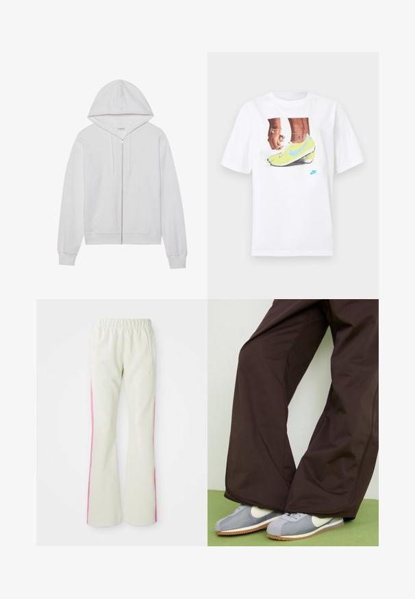Hvid hættejakke med lynlås lavet af bomuld, har en hætte, forlommer og ribbede ærmer. Blød tekstur med et enkelt, rent design.; Hvid bomulds t-shirt med et grafisk motiv af fødder i gule Nike støvler med blå accenter, parret med et armbånd på venstre håndled.; Lys beige bukser med elastisk talje, der har pink sidepaneler og sidelommer. Glat tekstur med straight-leg design.; Brune bukser med vid ben og glat tekstur samt sidelommer, parret med grå og hvide retro-stil sneakers med gummisål.